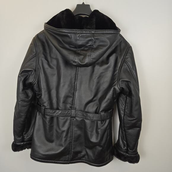 Wilson's Leather Belted Coat Jacket Faux Fur Lined Hooded Black MED VINTAGE MOTO - Picture 3 of 10